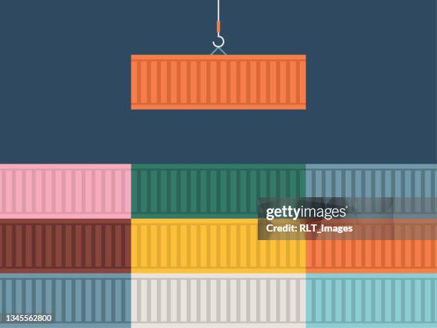 stockillustraties, clipart, cartoons en iconen met illustration of colorful cargo containers being stacked at shipyard - storage compartment