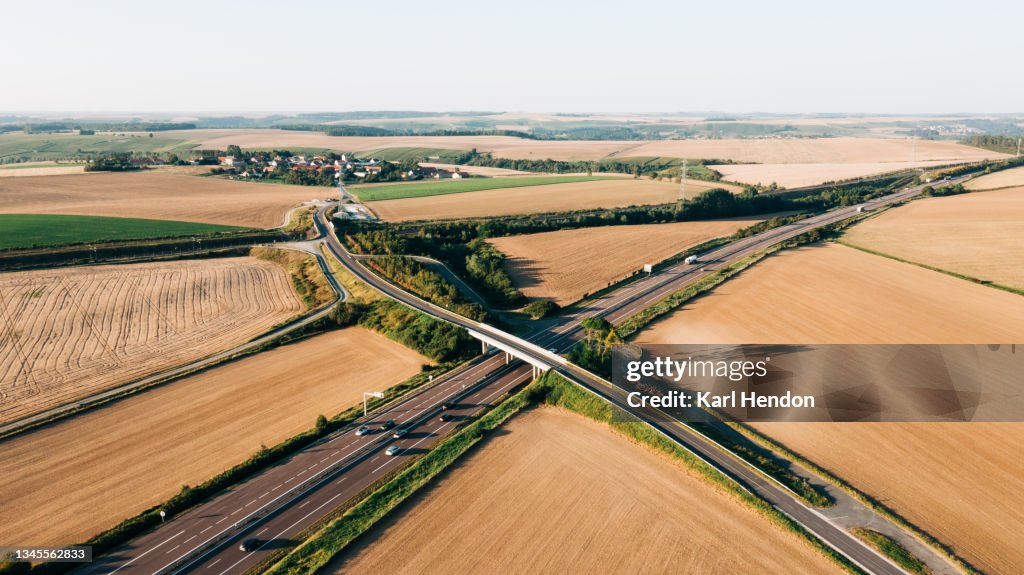 An aerial view of a road junction - stock photo