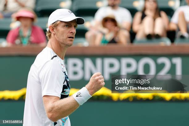 Kevin Anderson of South Africa celebrates after defeating Jordan Thompson of Australia during the BNP Paribas Open at the Indian Wells Tennis Garden...