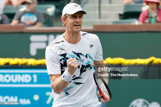 Kevin Anderson of South Africa celebrates after defeating Jordan Thompson of Australia during the BNP Paribas Open at the Indian Wells Tennis Garden...