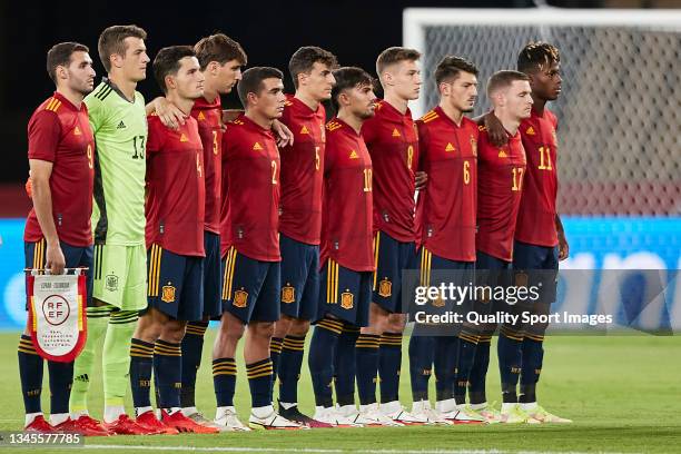 Players of Spain hear the spanish national anthem prior the 2022 UEFA European Under-21 Championship Qualifier match between Spain U21 and Slovakia...