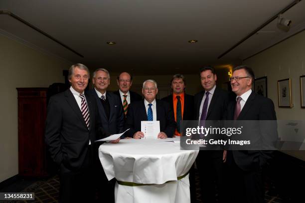 Rolf Hocke, Dr. Hans-Dieter Drewitz, Herbert Roesch, Walter Desch, Ronny Zimmermann, Alfred Hirt, Franz-Josef Schumann pose during the DFB Executive...