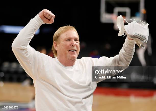 Las Vegas Raiders owner and managing general partner and Las Vegas Aces owner Mark Davis reacts as he arrives at Game Five of the 2021 WNBA Playoffs...