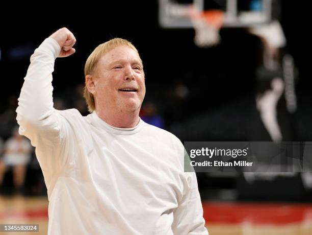 Las Vegas Raiders owner and managing general partner and Las Vegas Aces owner Mark Davis reacts as he arrives at Game Five of the 2021 WNBA Playoffs...