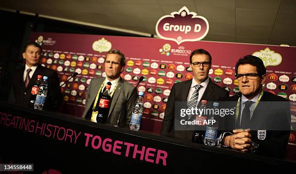 Ukraine's manager Oleg Blokhin, Sweden's manager Erik Hamren, France's manager Laurent Blanc and England's manager Fabio Capello attend a press...