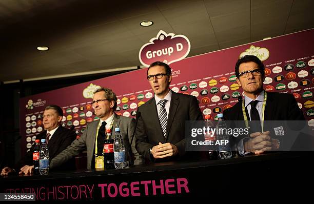 Ukraine's manager Oleg Blokhin, Sweden's manager Erik Hamren, France's manager Laurent Blanc and England's manager Fabio Capello attend a press...