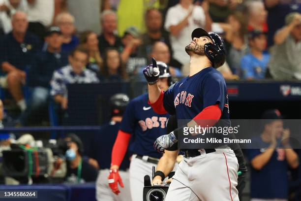 Martinez of the Boston Red Sox celebrates his three-run homerun in the fifth inning against the Tampa Bay Rays during Game 2 of the American League...