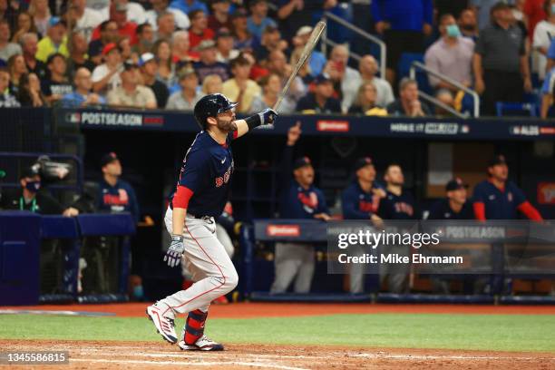 Martinez of the Boston Red Sox celebrates his three-run homerun in the fifth inning against the Tampa Bay Rays during Game 2 of the American League...