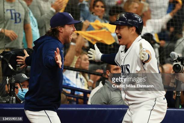 Ji-Man Choi of the Tampa Bay Rays celebrates his solo homerun in the sixth inning against the Boston Red Sox during Game 2 of the American League...