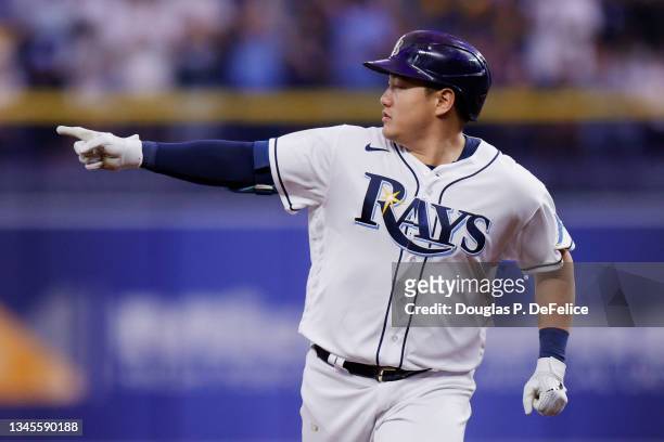 Ji-Man Choi of the Tampa Bay Rays celebrates his solo homerun in the sixth inning against the Boston Red Sox during Game 2 of the American League...