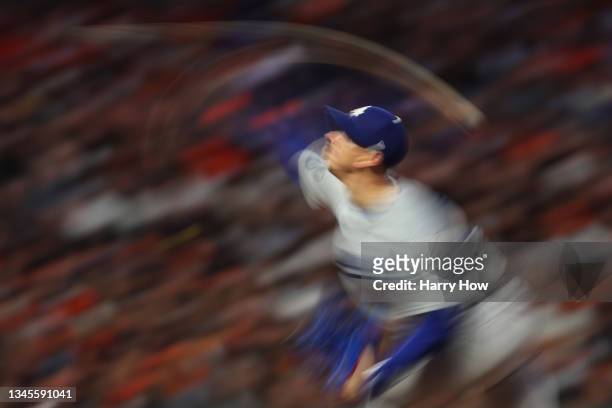 Walker Buehler of the Los Angeles Dodgers delivers a pitch during the first inning against the San Francisco Giants in Game 1 of the National League...
