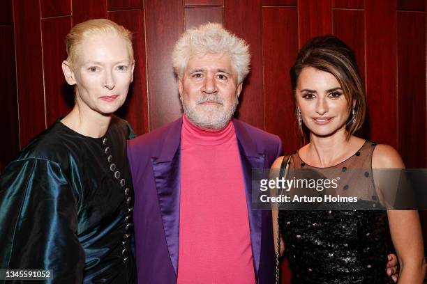 Tilda Swinton, Pedro Almodóvar and Penélope Cruz attend the closing night party for the 59th New York Film Festival at Hauser Lounge on October 08,...