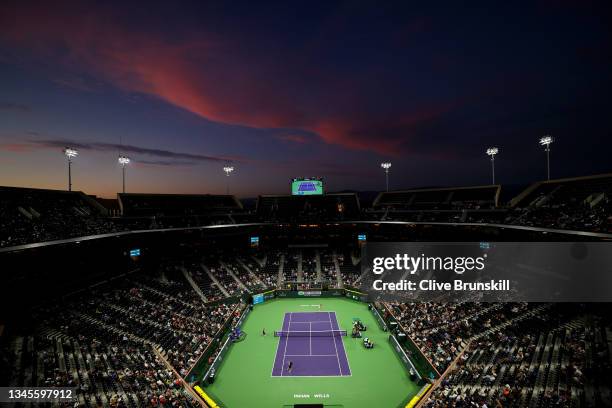 General view of Stadium 1 Court at sunset as Emma Raducanu of Great Britain plays against Aliaksandra Sasnovich of Belarus in their second round...