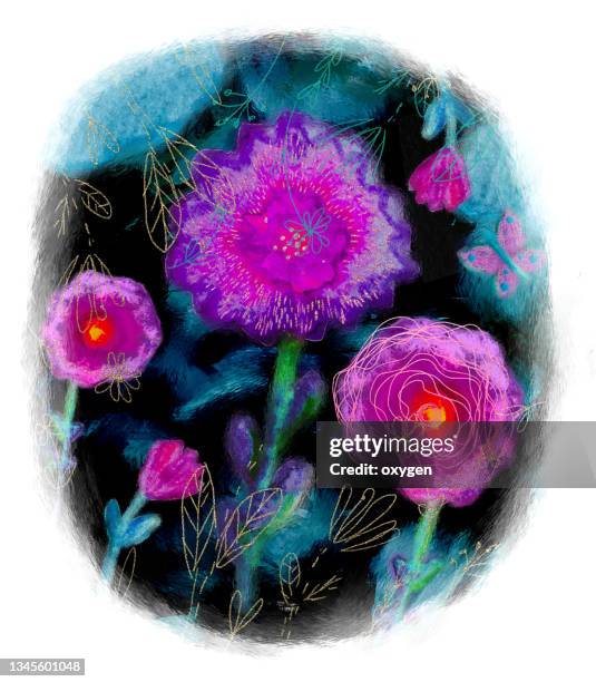 abstract watercolour lilac flowers hand draw art paint on black background - teal flowers stock pictures, royalty-free photos & images