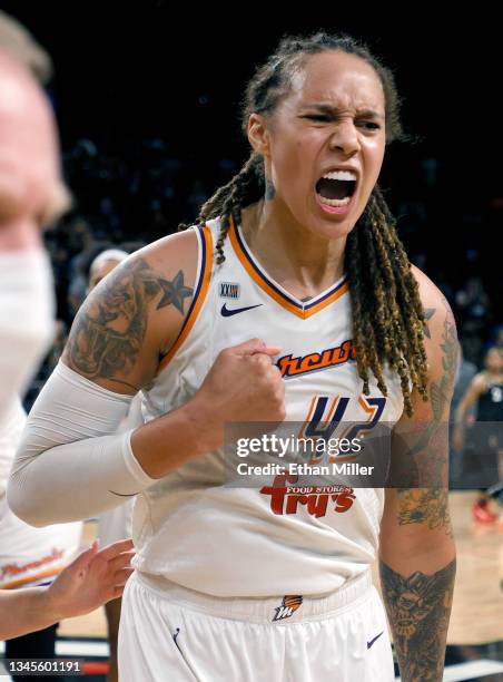 Brittney Griner of the Phoenix Mercury celebrates after the team defeated the Las Vegas Aces 87-84 in Game Five of the 2021 WNBA Playoffs semifinals...