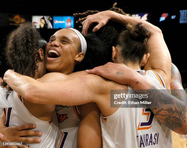 The Phoenix Mercury, including Skylar Diggins-Smith, Brianna Turner, Brittney Griner and Diana Taurasi celebrate after defeating the Las Vegas Aces...