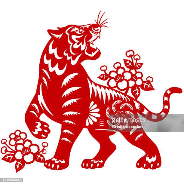 year of the tiger papercut - looking over shoulder stock illustrations