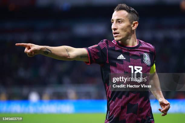 Andres Guardado of Mexico gestures during the match between Mexico and Canada as part of the Concacaf 2022 FIFA World Cup Qualifier at Azteca Stadium...