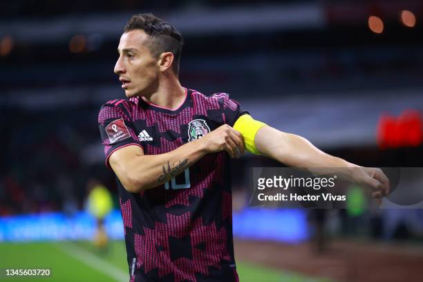 Andres Guardado of Mexico gestures during the match between Mexico and Canada as part of the Concacaf 2022 FIFA World Cup Qualifier at Azteca Stadium...
