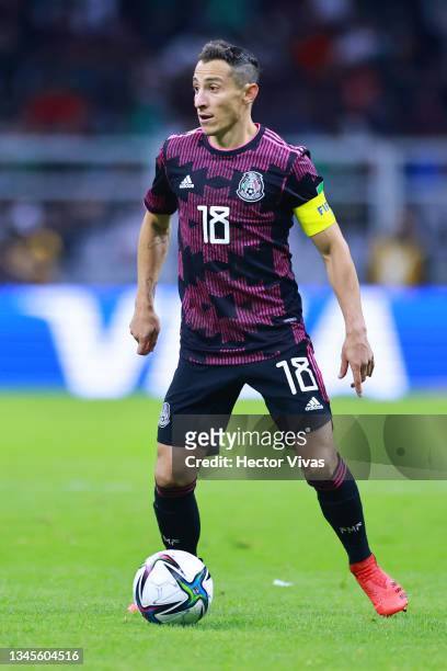 Andres Guardado of Mexico drives the ball during the match between Mexico and Canada as part of the Concacaf 2022 FIFA World Cup Qualifier at Azteca...