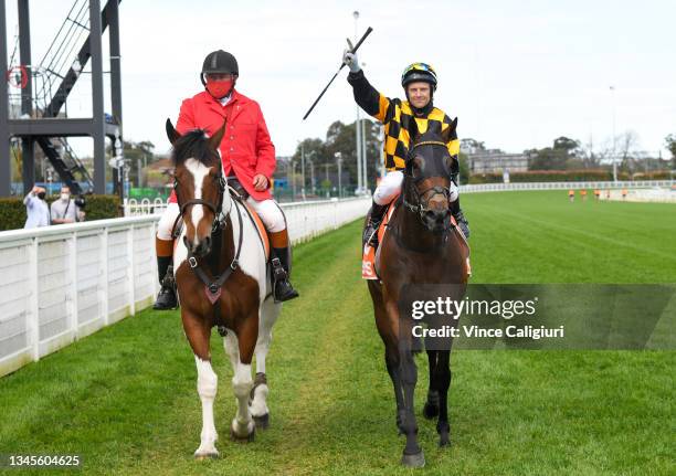 Brett Prebble riding Probabeel after winning in race 6, the Neds Might And Power, during Melbourne Racing at Caulfield Racecourse on October 09, 2021...