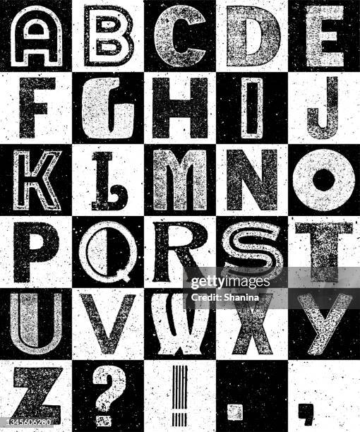 random vintage alphabet on a grid - black and white - textured font stock illustrations