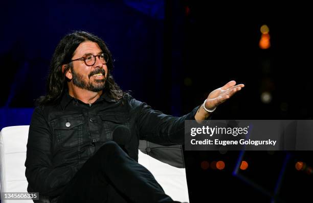 Musician Dave Grohl speaks on stage with Kelefa Sanneh during The New Yorker Festival on October 08, 2021 in Brooklyn, New York City.