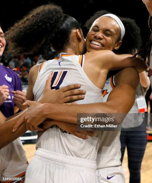 Skylar Diggins-Smith and Brianna Turner of the Phoenix Mercury celebrate after defeating the Las Vegas Aces 87-84 in Game Five of the 2021 WNBA...