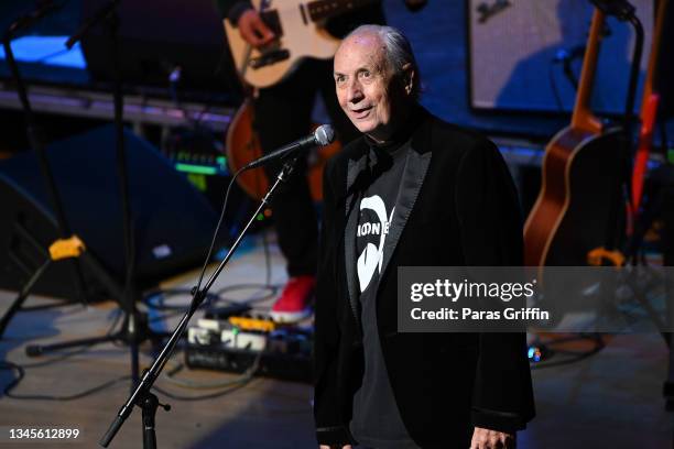 Singer Michael Nesmith of The Monkees performs onstage during The Monkees Farewell tour at Atlanta Symphony Hall on October 08, 2021 in Atlanta,...