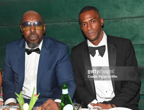Sleepy Brown and Rico Wade of Organized Noize attend 2021 ONE MusicFest Honors Dinner at Breakfast At Barney's on October 08, 2021 in Atlanta,...
