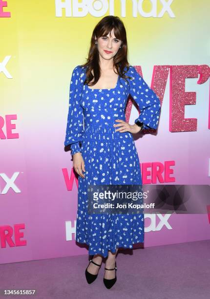 Zooey Deschanel attends the Los Angeles Premiere Of Season 2 Of HBO's Unscripted Series "WE'RE HERE" at Sony Pictures Studios on October 08, 2021 in...