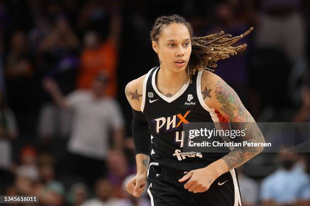 Brittney Griner of the Phoenix Mercury during the first half in Game Four of the 2021 WNBA semifinals at Footprint Center on October 06, 2021 in...