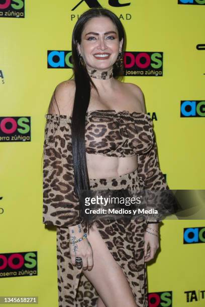 Celia Lora poses for photos during the red carpet of the play "Agotados" at Teatro Aldana on October 8, 2021 in Mexico City, Mexico.