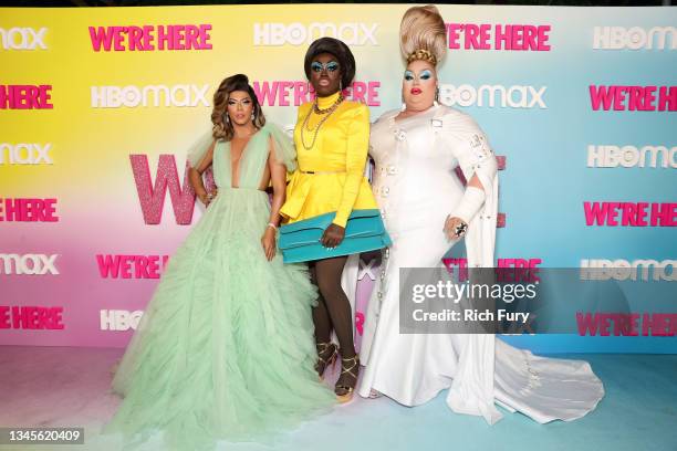 Shangela, Bob the Drag Queen, and Eureka O'Hara attend the "We're Here" Season 2 Premiere at Sony Pictures Studios on October 08, 2021 in Culver...