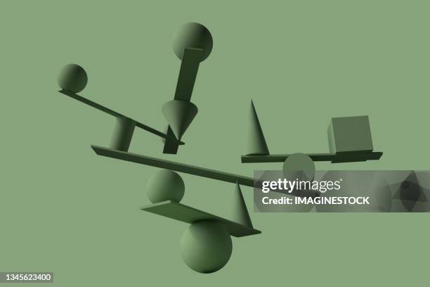 three-dimensional representation of various geometric shapes in equilibrium on a sphere. - balancing act fotografías e imágenes de stock