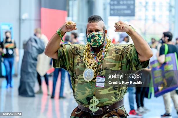 Cosplayer dressed as Mr. T form "A-Team" poses during the second day of Comic Con at Javits Center on October 08, 2021 in New York City.