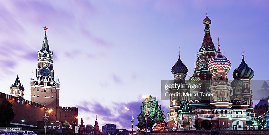 Illuminated historic buildings at dusk