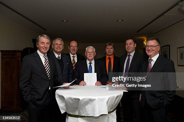 Rolf Hocke, Dr. Hans-Dieter Drewitz, Herbert Roesch, Walter Desch, Ronny Zimmermann, Alfred Hirt, Franz-Josef Schumann pose during the DFB Executive...