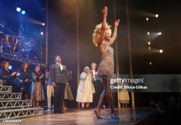 Adrienne Warren as "Tina Turner" during the re-opening night curtain call for "Tina: The Tina Turner Musical" on Broadway at The Lunt-Fontanne...