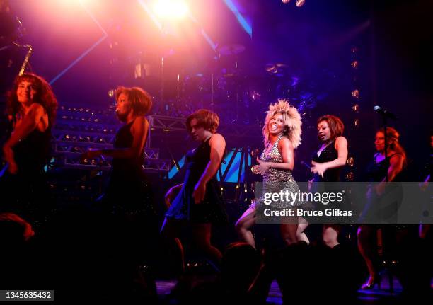 Adrienne Warren as "Tina Turner" and cast during the re-opening night curtain call for "Tina: The Tina Turner Musical" on Broadway at The...