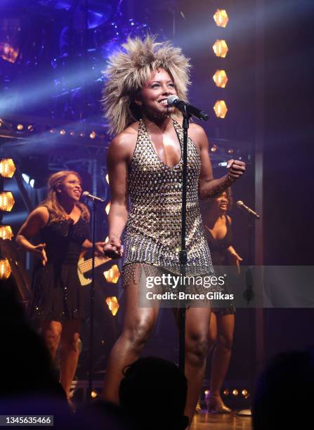 Adrienne Warren as "Tina Turner" during the re-opening night curtain call for "Tina: The Tina Turner Musical" on Broadway at The Lunt-Fontanne...