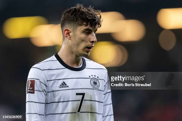 Kai Havertz of Germany looks on during the 2022 FIFA World Cup Qualifier match between Germany and Romania at Imtech Arena on October 08, 2021 in...
