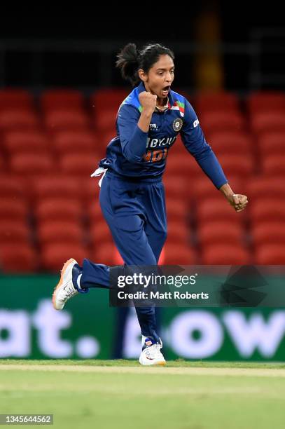 Harmanpreet Kaur of India celebrates the wicket of Ashleigh Gardner of Australia during game two of the International Women's T20 series between...