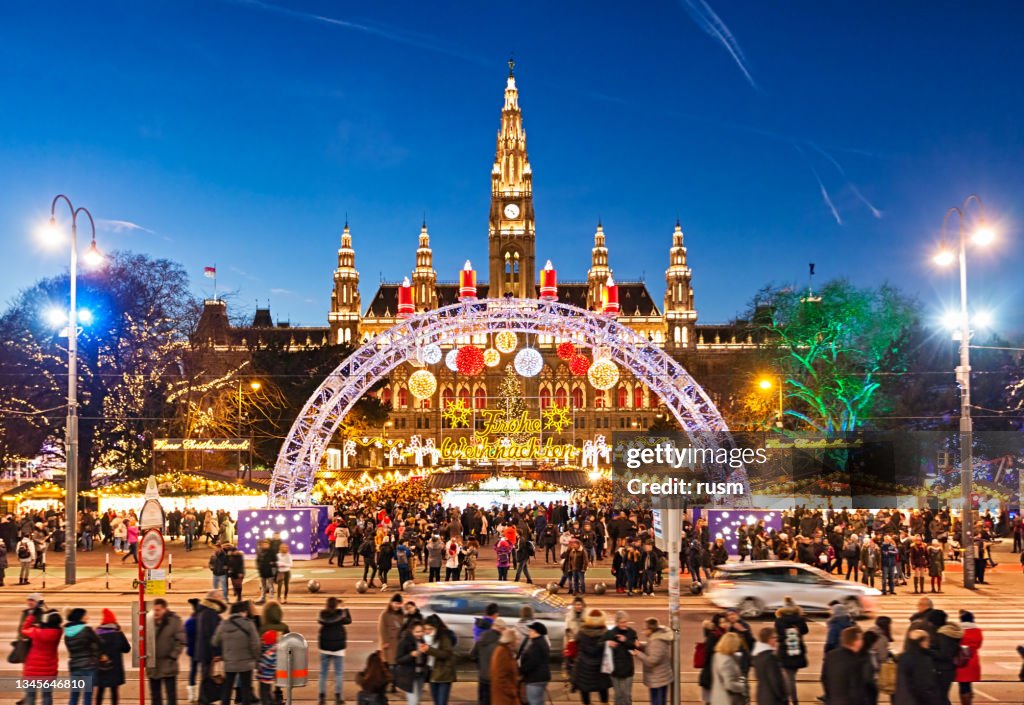 Christmas market on Rathausplatz in Vienna at Christmas Eve