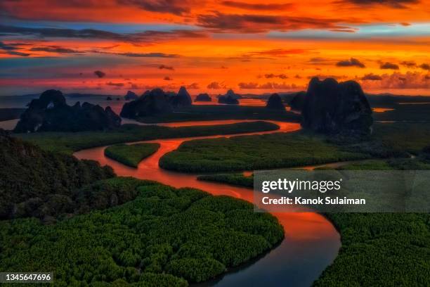 aerial view of phang nga bay at sunset, thailand - s shape stock pictures, royalty-free photos & images