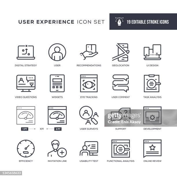 ilustraciones, imágenes clip art, dibujos animados e iconos de stock de iconos de línea de trazo editables de experiencia del usuario - experiencia del usuario