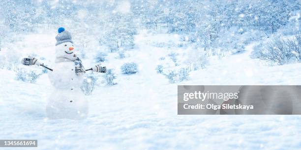 cheerful snowman in a snowy forest clearing. - winter meadow stock pictures, royalty-free photos & images