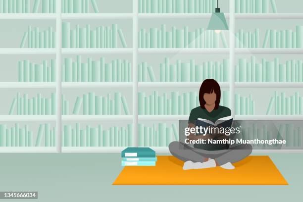 a library illustration concept shows a dark woman is reading a book in the library with the bookshelf on the background. - cartoon book bildbanksfoton och bilder