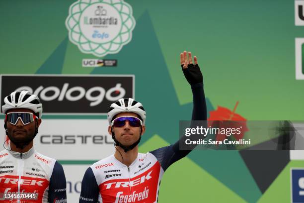 Bauke Mollema of Netherlands and team Trek-Segafredo cheers during the 115th Il Lombardia 2021 a 239km race from Como to Bergamo on October 09, 2021...