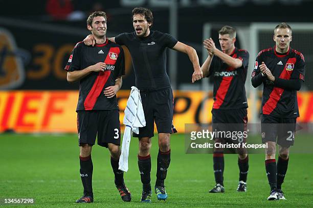 Stefan Reinartz, Manuel Friedrich, Daniel Schwaab and Michal Kaldec of Leverkusen celebrate after winning 2-0 the Bundesliga match between Bayer 04...